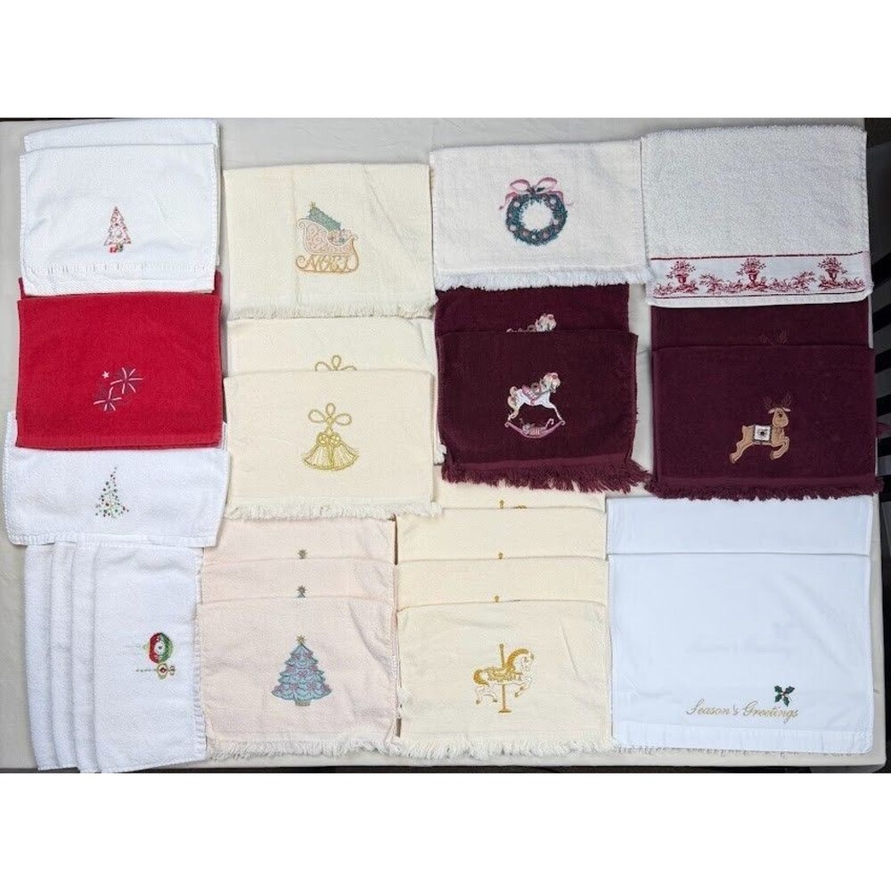 Lot of 28 Cotton Embroidered Fingertip Towels & Washcloths, Mostly Christmas